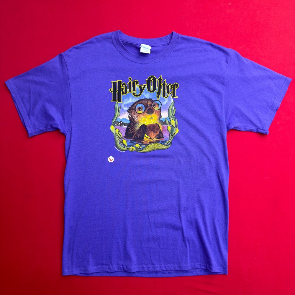 NWT VINTAGE Y2K 2000 Hairy Otter Graphic T-Shirt Purple Monterey Bay‎ CA LARGE